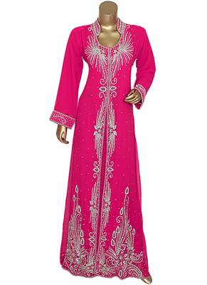 Fuchsia Pink Crystal Embellished Chiffon Kaftan Gown Abaya Caftan 1