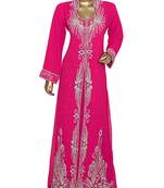 Fuchsia Pink Crystal Embellished Chiffon Kaftan Gown Abaya Caftan