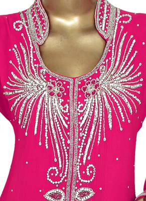 Fuchsia Pink Crystal Embellished Chiffon Kaftan Gown Abaya Caftan 2