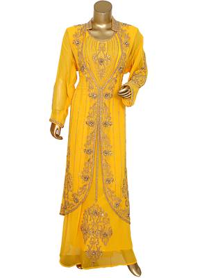Yellow Crystal & Beads Embellished Chiffon Kaftan Gown Abaya 1