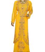 Yellow Crystal & Beads Embellished Chiffon Kaftan Gown Abaya