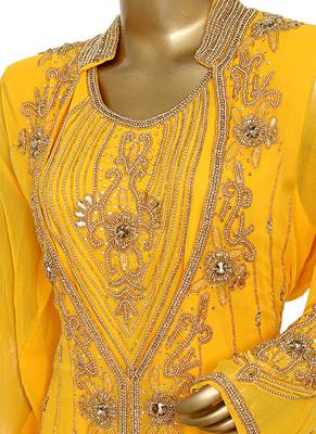 Yellow Crystal & Beads Embellished Chiffon Kaftan Gown Abaya 4