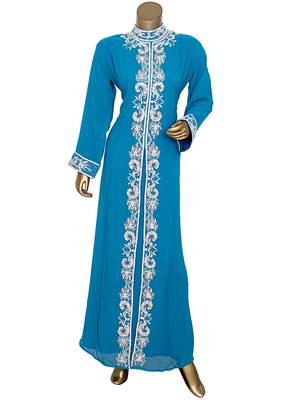 Turquoise Blue Arabian Moroccan Traditional Chiffon Kaftan Gown Abaya 1