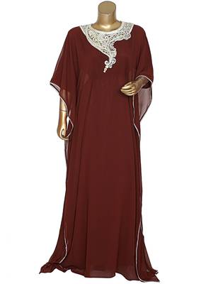 Brown Embroidered Crystal Embellished Chiffon Kaftan Gown Farasha 1