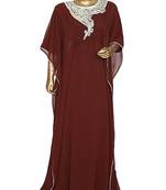 Brown Embroidered Crystal Embellished Chiffon Kaftan Gown Farasha