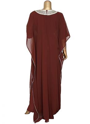 Brown Embroidered Crystal Embellished Chiffon Kaftan Gown Farasha 4