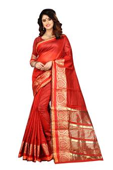 Red Woven Cotton Silk Saree With Blouse