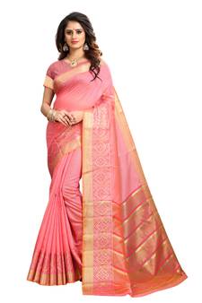 Peach woven cotton silk saree with blouse