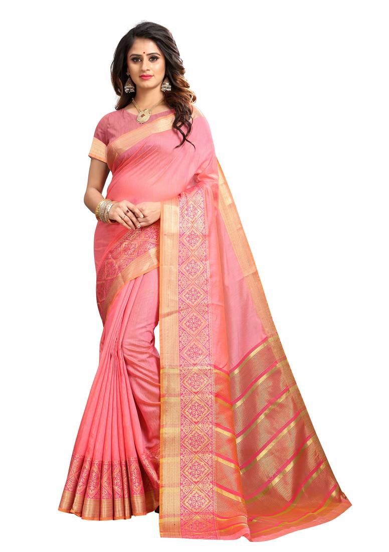 Peach woven cotton silk saree with blouse