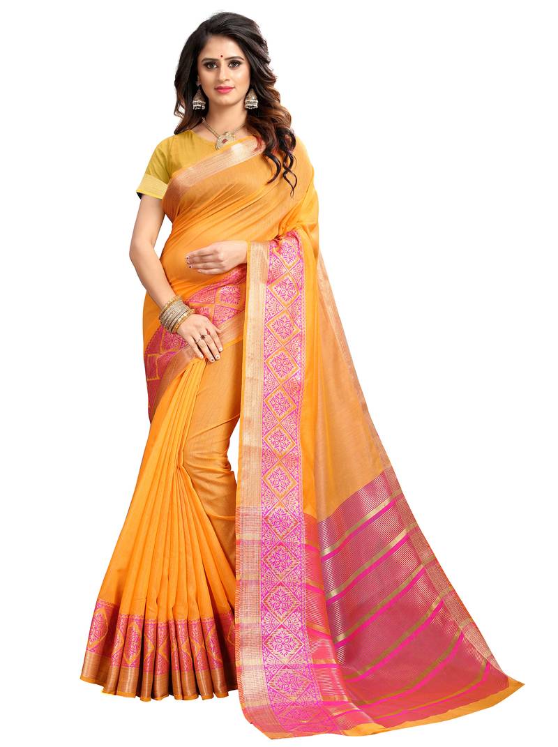 Yellow woven cotton silk saree with blouse