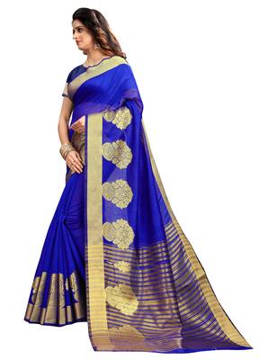 Blue woven cotton silk saree with blouse 2