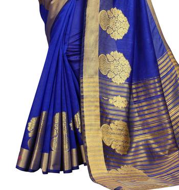 Blue woven cotton silk saree with blouse 4