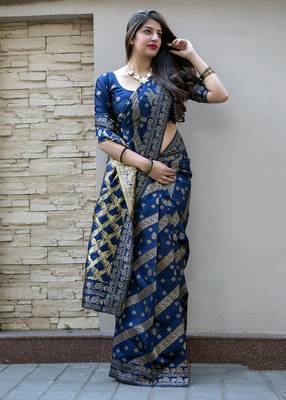 Blue Woven Silk Blend Saree With Blouse 1