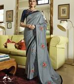 Grey Embroidered Silk Blend Saree With Blouse
