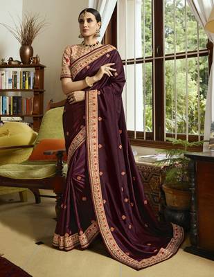 Wine Embroidered Silk Blend Saree With Blouse 1