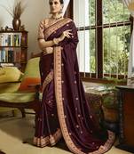 Wine Embroidered Silk Blend Saree With Blouse