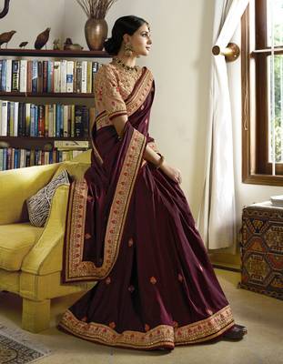 Wine Embroidered Silk Blend Saree With Blouse 2