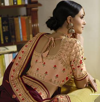 Wine Embroidered Silk Blend Saree With Blouse 3