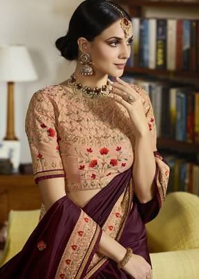 Wine Embroidered Silk Blend Saree With Blouse 4