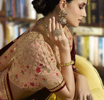 Wine Embroidered Silk Blend Saree With Blouse 5