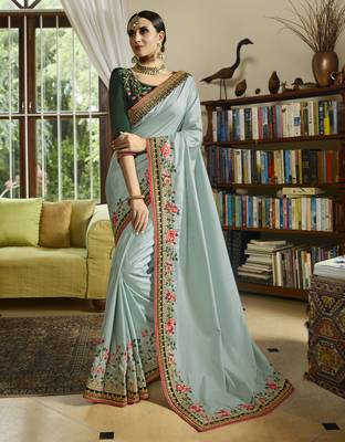 Sky Blue Embroidered Silk Blend Saree With Blouse 1