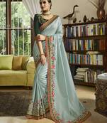 Sky Blue Embroidered Silk Blend Saree With Blouse