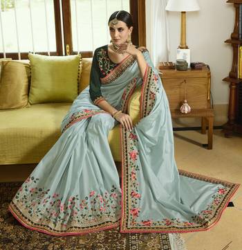 Sky Blue Embroidered Silk Blend Saree With Blouse 2