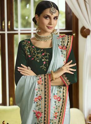 Sky Blue Embroidered Silk Blend Saree With Blouse 3