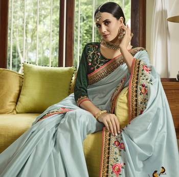 Sky Blue Embroidered Silk Blend Saree With Blouse 4