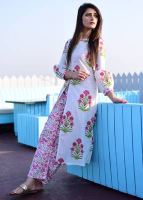 White Printed Cotton Kurti With Pant Set 1