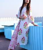 White Printed Cotton Kurti With Pant Set