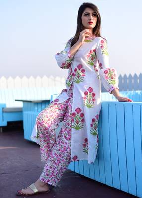 White Printed Cotton Kurti With Pant Set 2