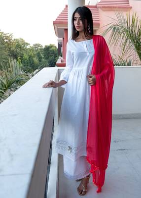 White Plain Cotton Kurta With Palazzo And Dupatta Set 1