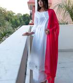 White Plain Cotton Kurta With Palazzo And Dupatta Set
