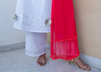 White Plain Cotton Kurta With Palazzo And Dupatta Set 2