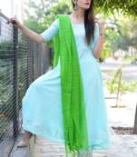 Sky-Blue Plain Rayon Kurta With Trouser And Dupatta Set