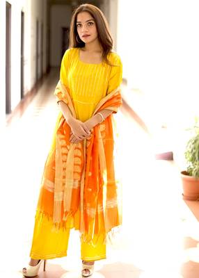 Yellow Plain Rayon Kurta With Palazzo And Dupatta Set 1