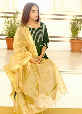 Olive Plain Rayon Kurta With Trouser And Dupatta Set 1