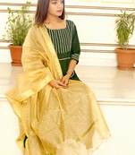 Olive Plain Rayon Kurta With Trouser And Dupatta Set