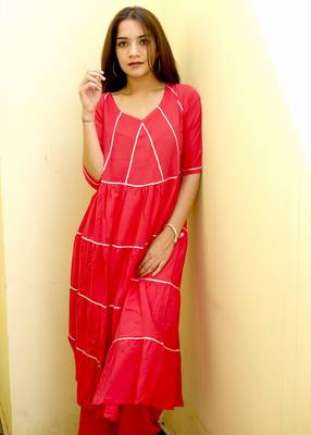 Red Plain Rayon Kurta And Palazzo Set 1