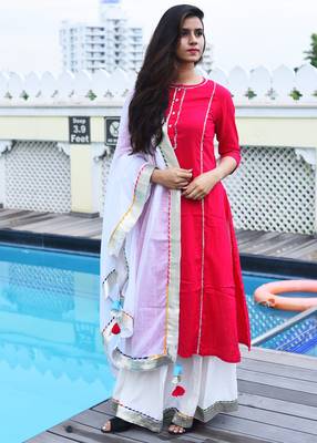 Pink Plain Rayon Kurta With Palazzo And Dupatta Set 1