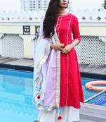 Pink Plain Rayon Kurta With Palazzo And Dupatta Set