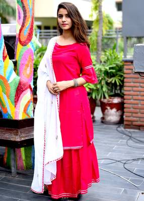 Pink Plain Rayon Kurta With Palazzo And Dupatta Set 1