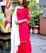 Pink Plain Rayon Kurta With Palazzo And Dupatta Set