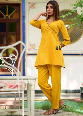 Yellow Embroidered Cotton Kurta With Trouser Set 2