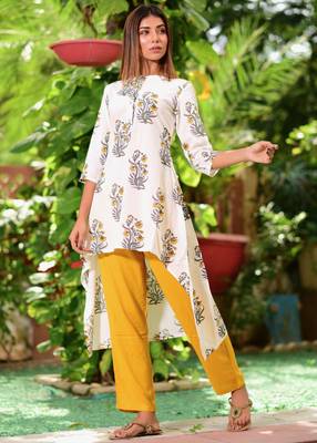 Yellow Printed Cotton Kurta With Trouser Set 1