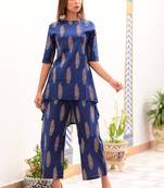 Blue Printed Cotton Kurta With Trouser