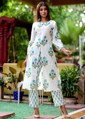 White Printed Cotton Kurta With Trouser Set 1