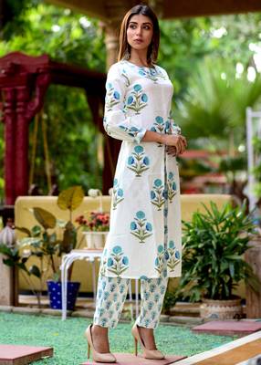 White Printed Cotton Kurta With Trouser Set 2