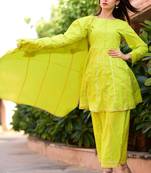 Light-Green Plain Cotton Kurta And Skirt With Dupatta